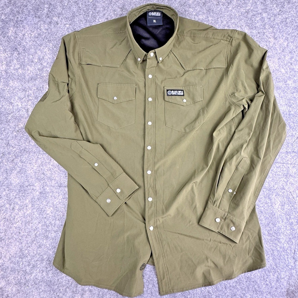 Black Rifle Coffee Mens Pearl Snap Shirt Size XL Army Green Roll Tab Sleeves